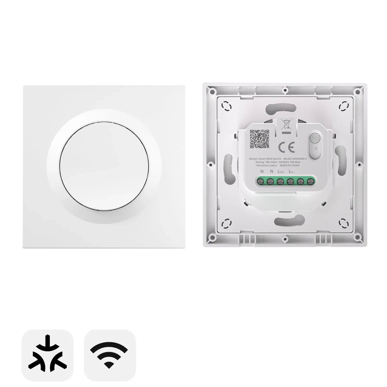 Front and rear views of the white SONOFF Orb-MW1 wall switch with its wiring terminals visible