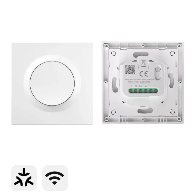 Front and rear views of the white SONOFF Orb-MW1 wall switch with its wiring terminals visible