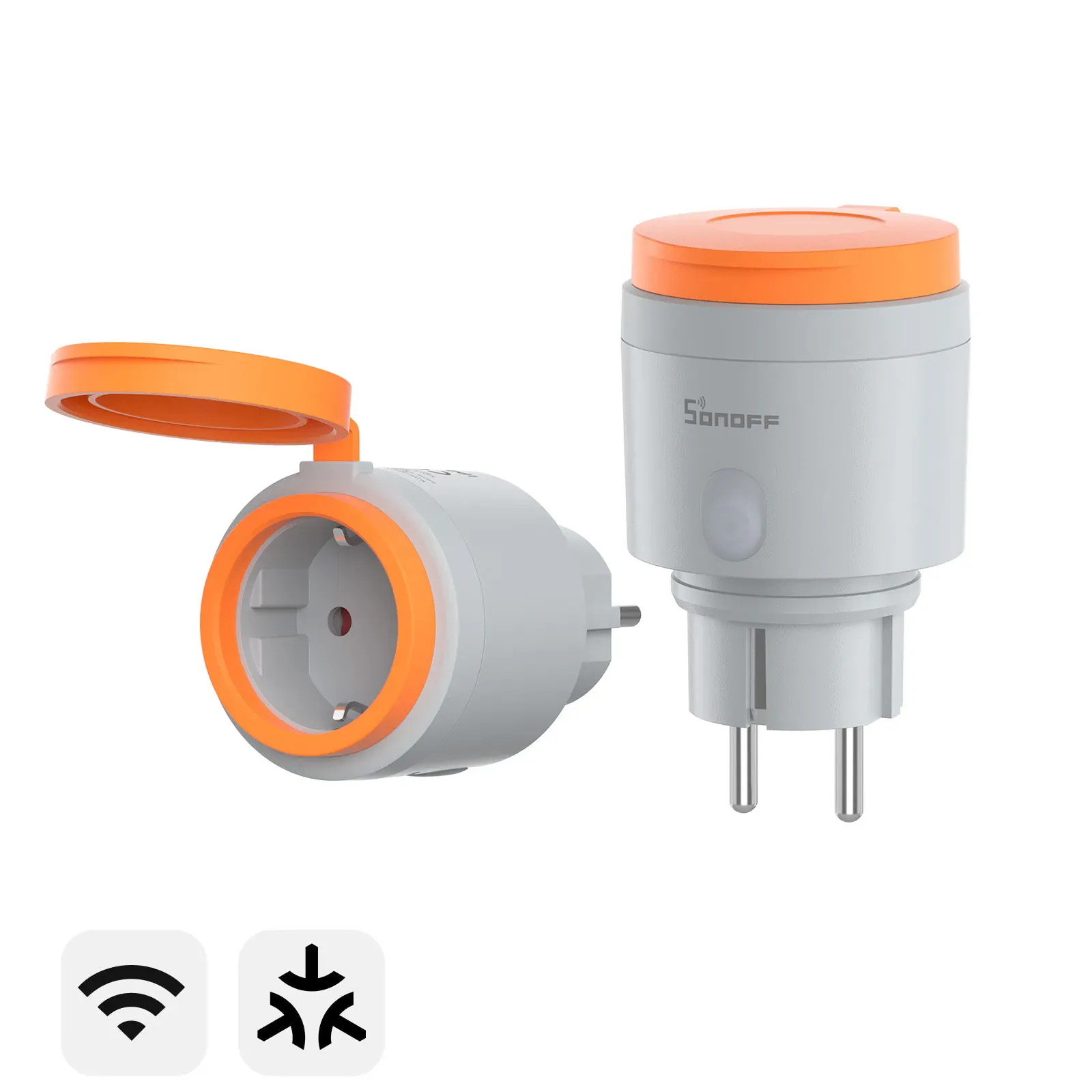 Gray and orange SONOFF S61s Outdoor Type F smart plug shown with its weather cover open and closed