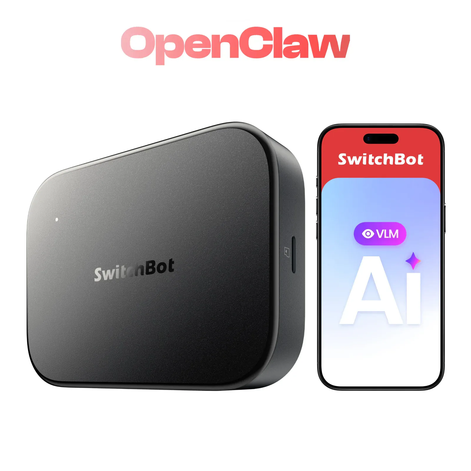 Black SwitchBot AI Hub beside a phone showing the SwitchBot AI interface