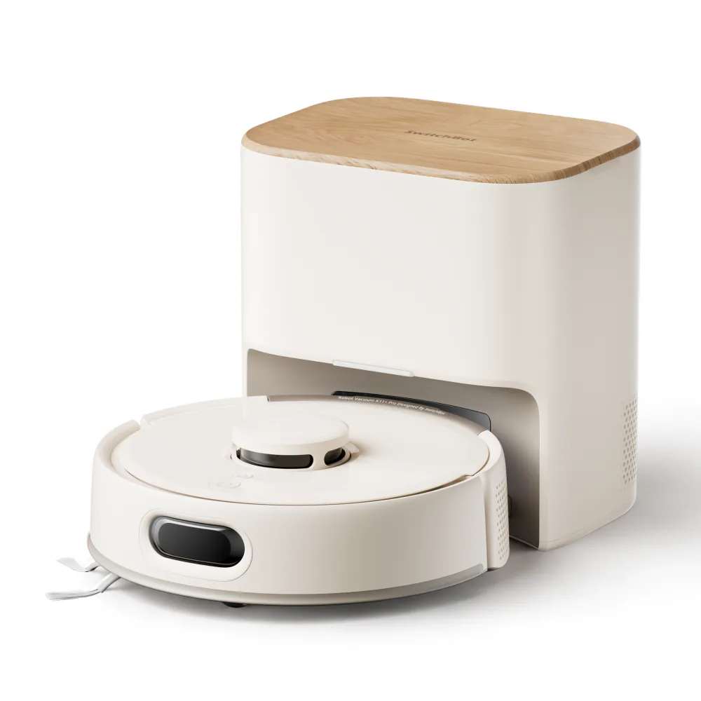 White SwitchBot K11+ Pro robot vacuum in front of its compact self-emptying station