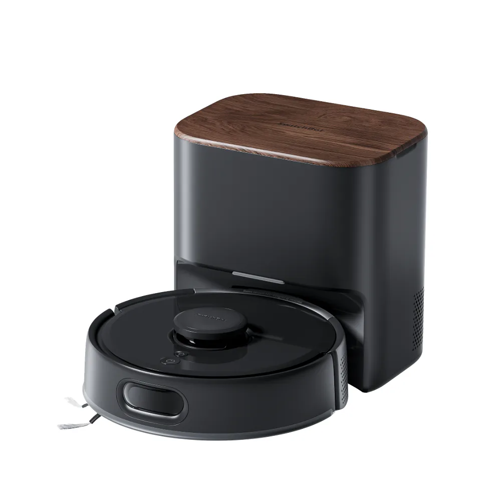 Black SwitchBot K11+ robot vacuum in front of its compact self-empty station