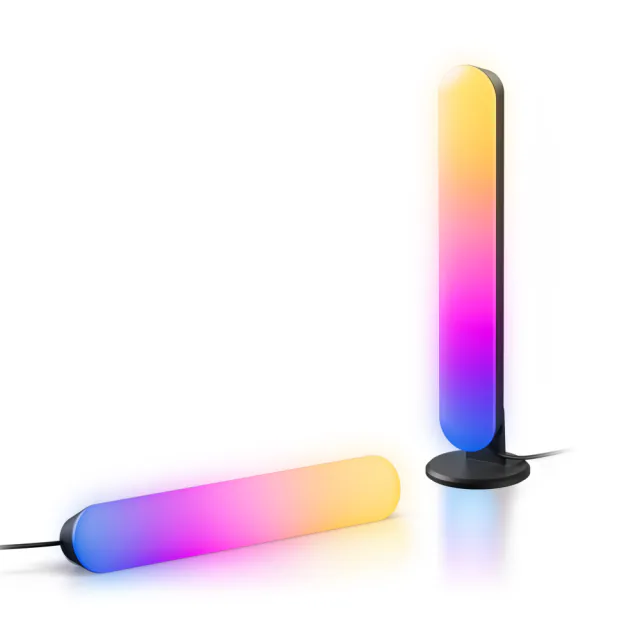 Two SwitchBot RGBICWW Light Bars glowing in a multicolor gradient, one upright and one horizontal
