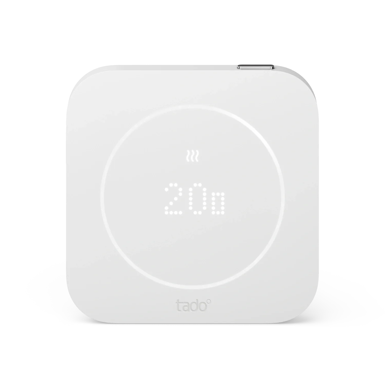 White Tado Wired Smart Thermostat X second generation showing 20 degrees on its circular light-ring display