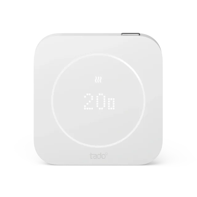 White Tado Wired Smart Thermostat X second generation showing 20 degrees on its circular light-ring display