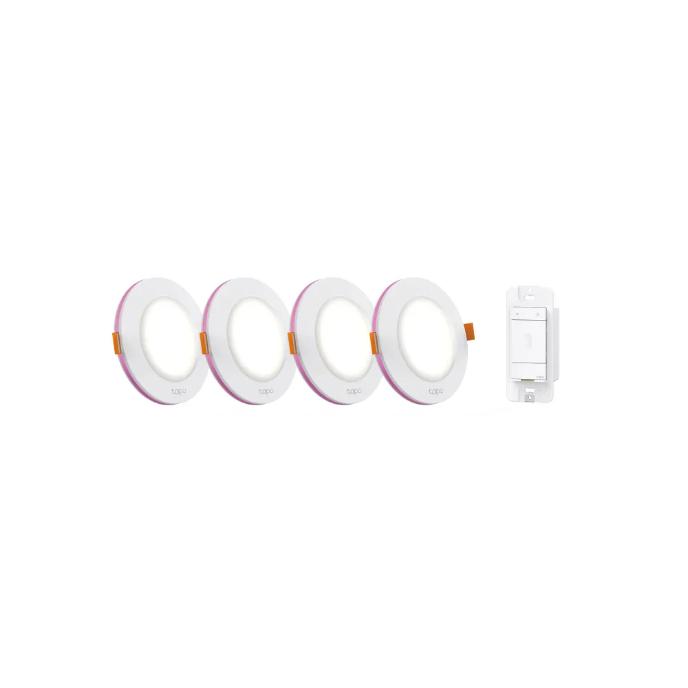 Four Tapo L730-4 recessed downlights with colored outer rings and the included S310D wall control