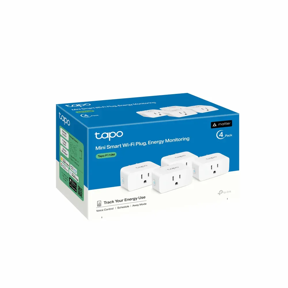 US Tapo P110M four-pack retail box showing the white energy-monitoring plug