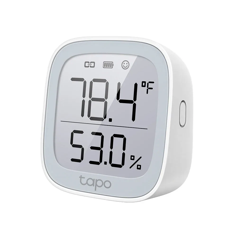White Tapo T315 monitor showing temperature and humidity on its square display