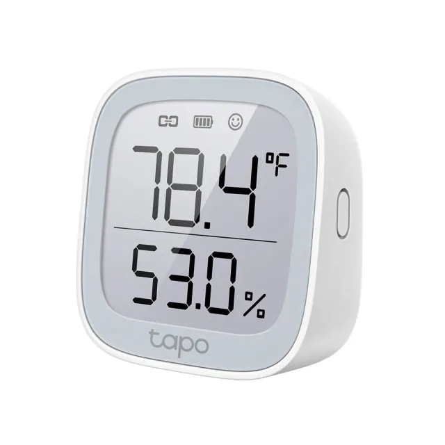 White Tapo T315 monitor showing temperature and humidity on its square display