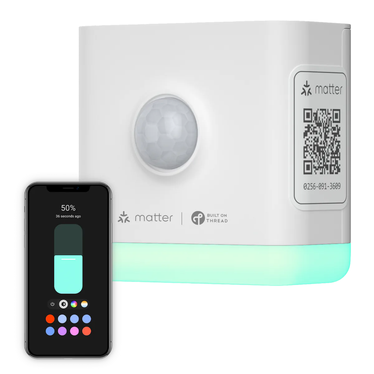 White ThirdReality Smart Night Light-T with a motion sensor, glowing RGB light, and phone controls