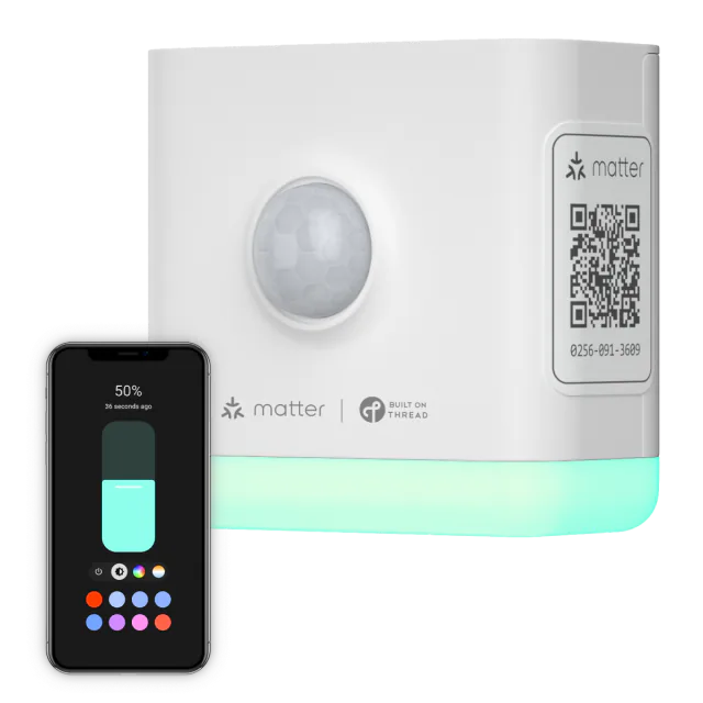 White ThirdReality Smart Night Light-T with a motion sensor, glowing RGB light, and phone controls