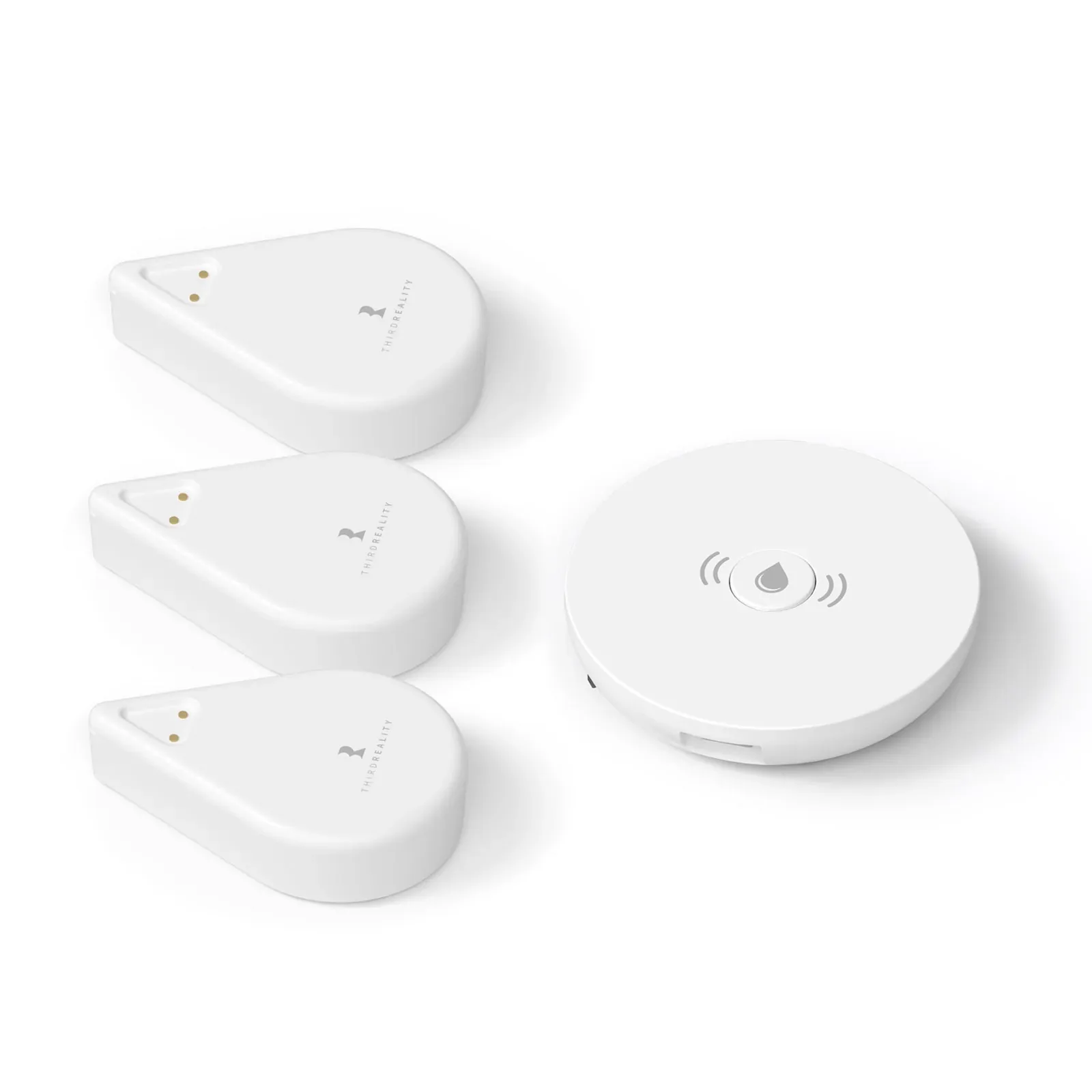White ThirdReality KM1 controller beside three teardrop-shaped water leak sensors