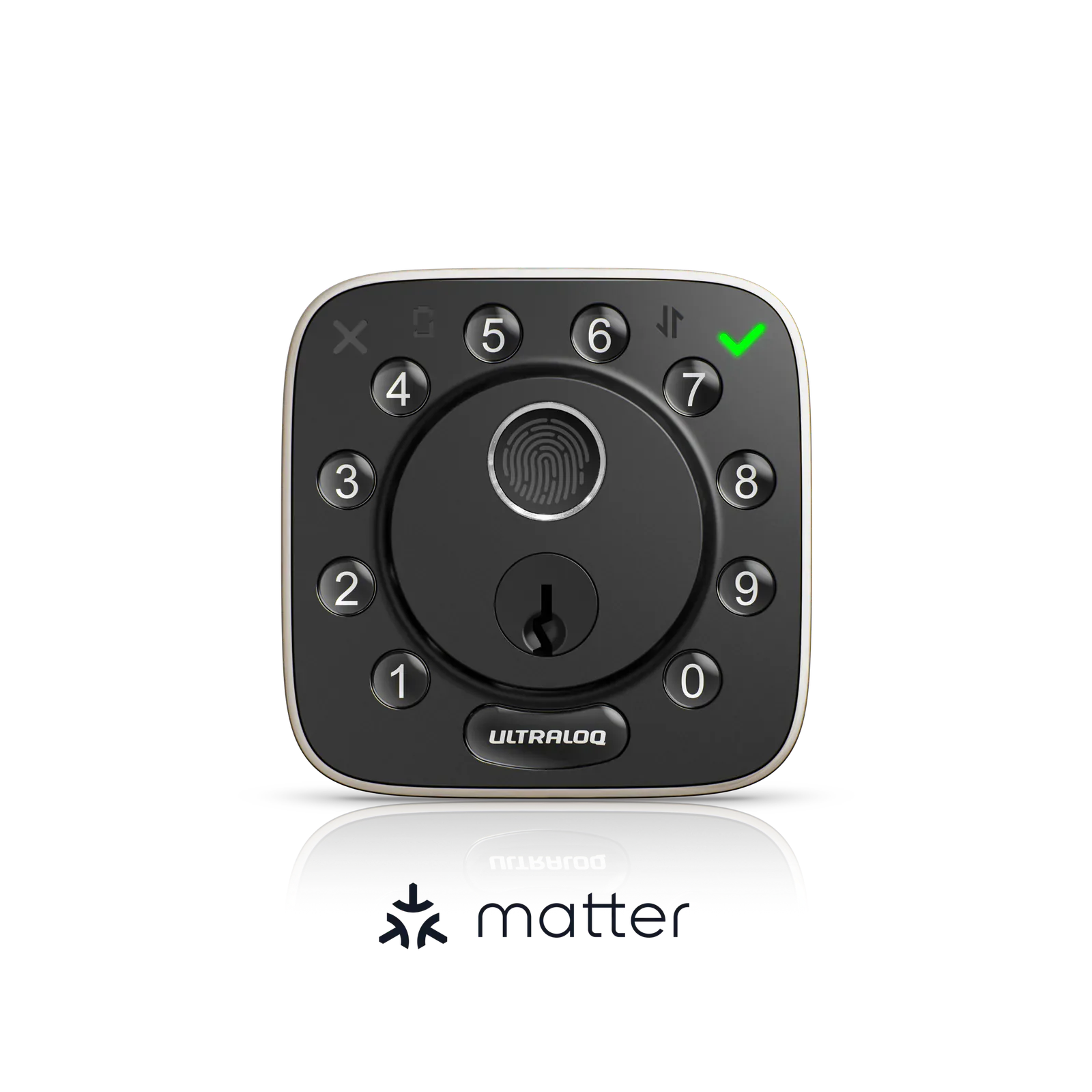 ULTRALOQ Bolt Fingerprint Matter Edition keypad and fingerprint reader in black and satin nickel