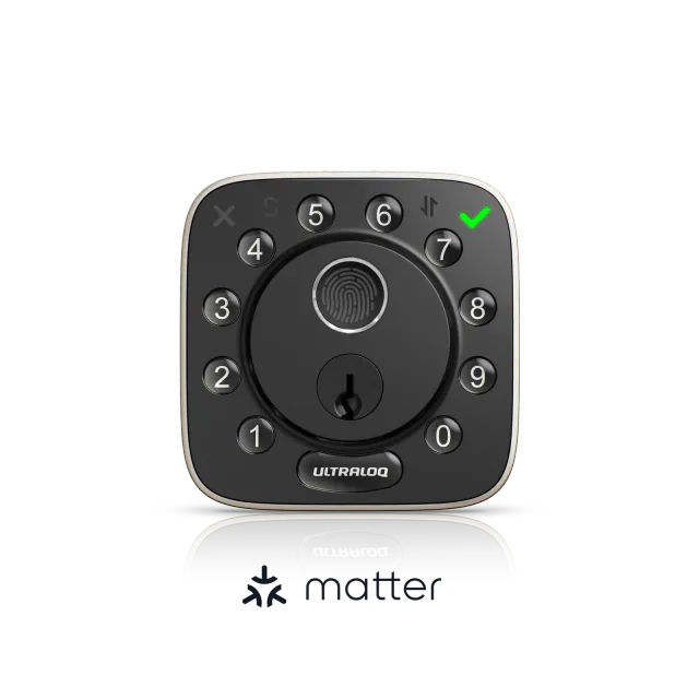 ULTRALOQ Bolt Fingerprint Matter Edition keypad and fingerprint reader in black and satin nickel