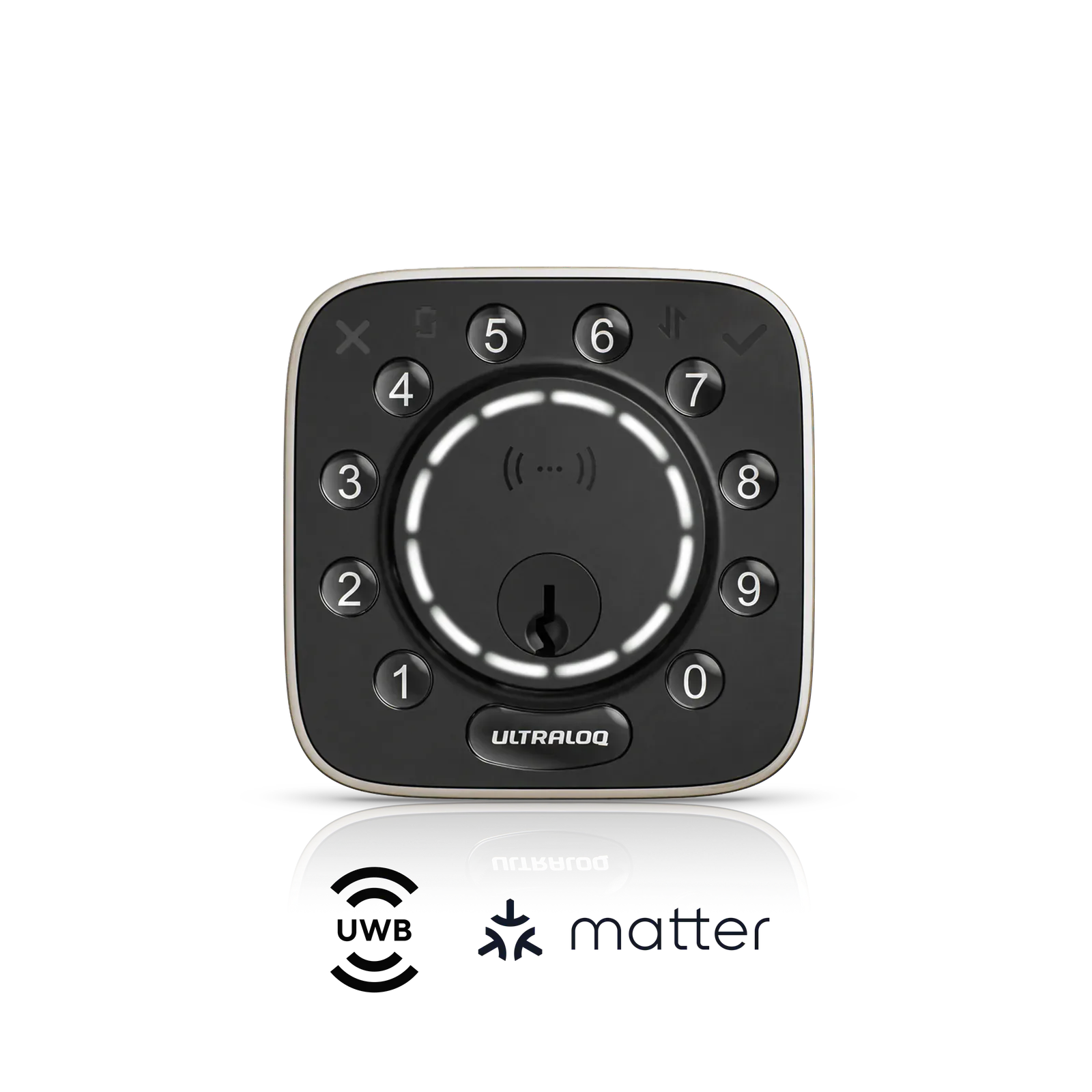 Black ULTRALOQ Bolt Mission keypad with its illuminated UWB ring and physical keyway
