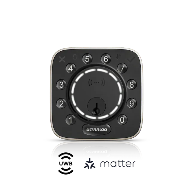 Black ULTRALOQ Bolt Mission keypad with its illuminated UWB ring and physical keyway