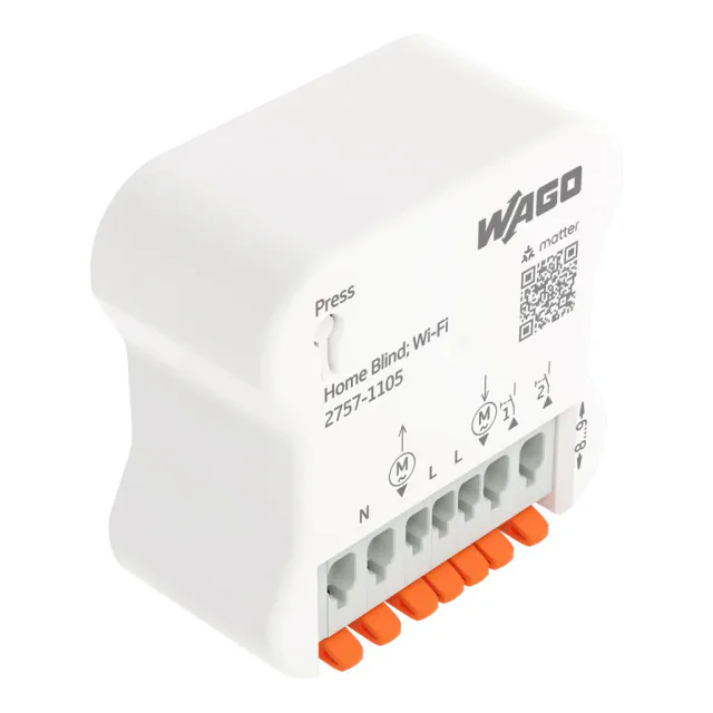 White WAGO Home Blind Control Wi-Fi 2757-1105 with orange lever terminals and a Matter code
