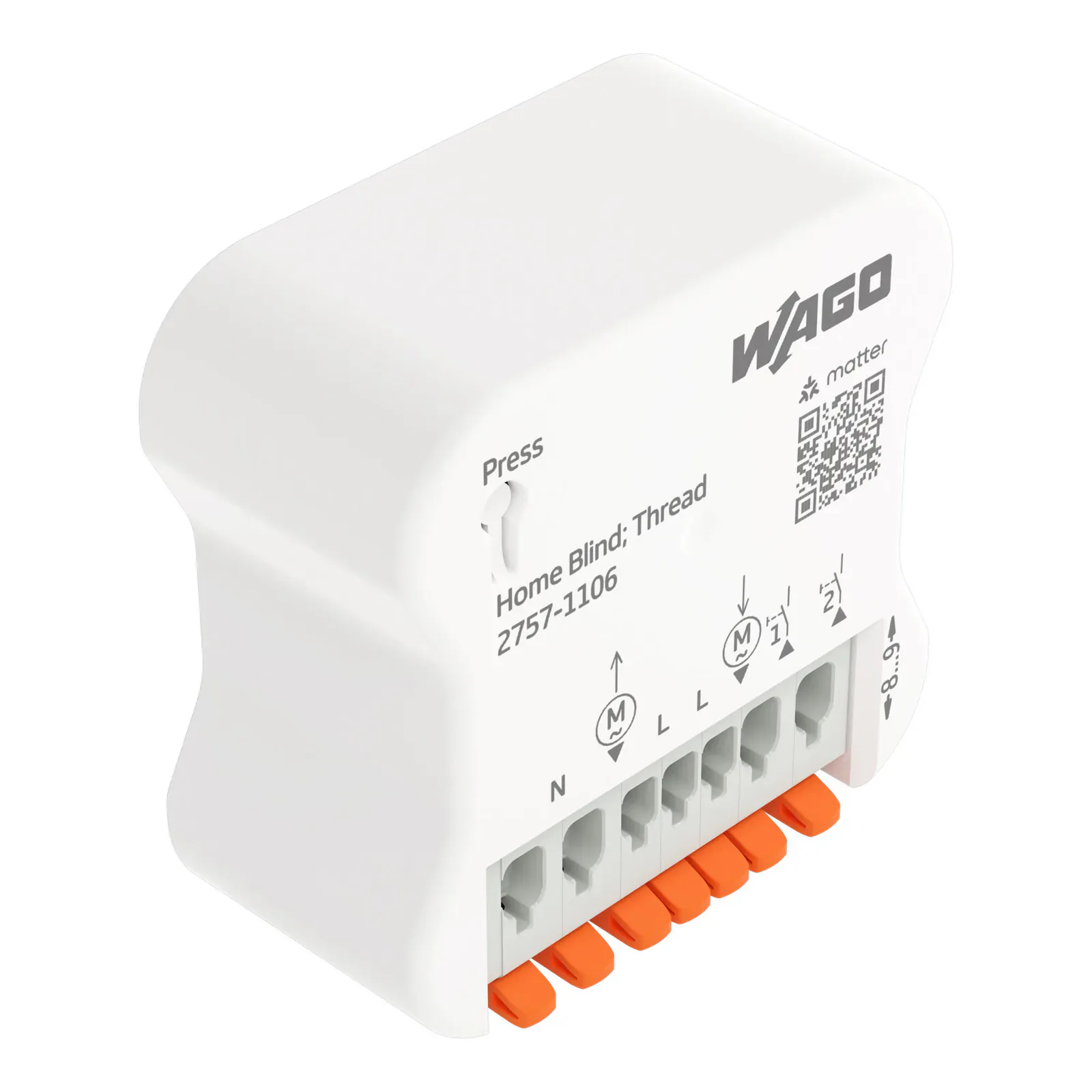 White WAGO Home Blind Control 2757-1106 module with orange lever terminals and a Matter QR code