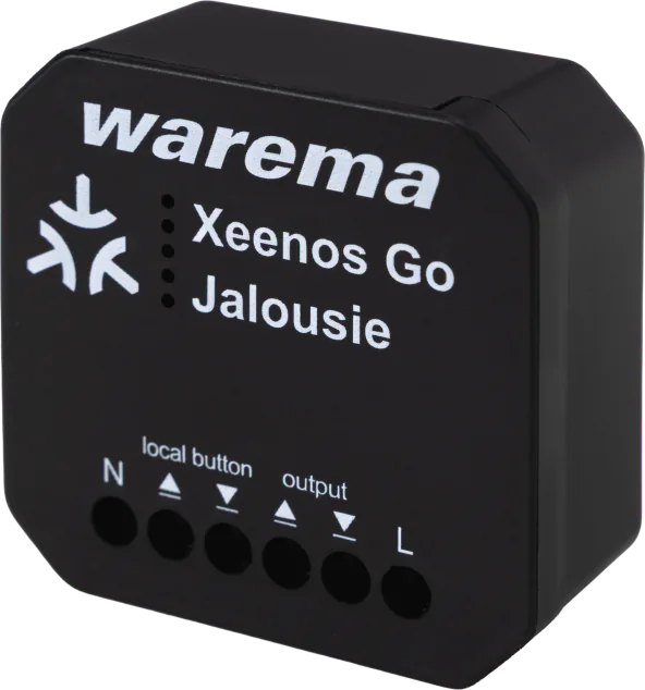 Black WAREMA Xeenos Go Aktor Jalousie UP in-wall actuator with six labeled terminals