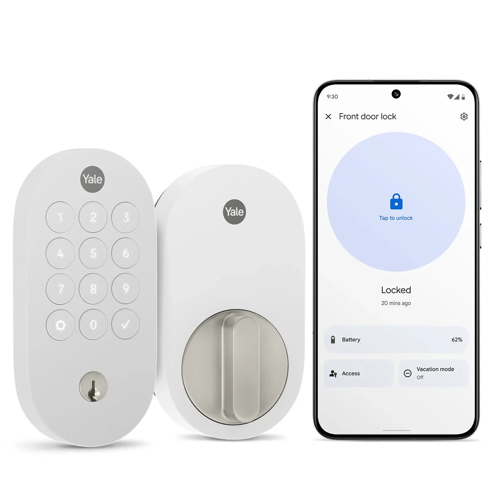 Snow Yale Smart Lock with Matter exterior keypad, interior thumb turn, and Google Home lock screen