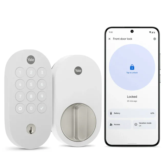 Snow Yale Smart Lock with Matter exterior keypad, interior thumb turn, and Google Home lock screen