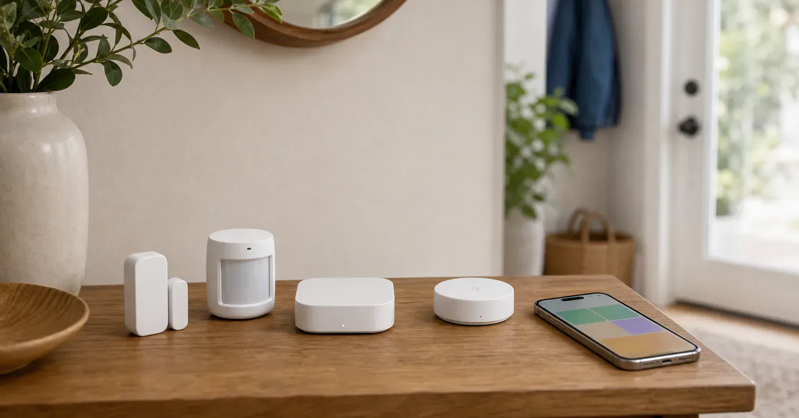 Unbranded contact sensor, motion sensor, and leak sensor arranged near an Apple-style smart home setup