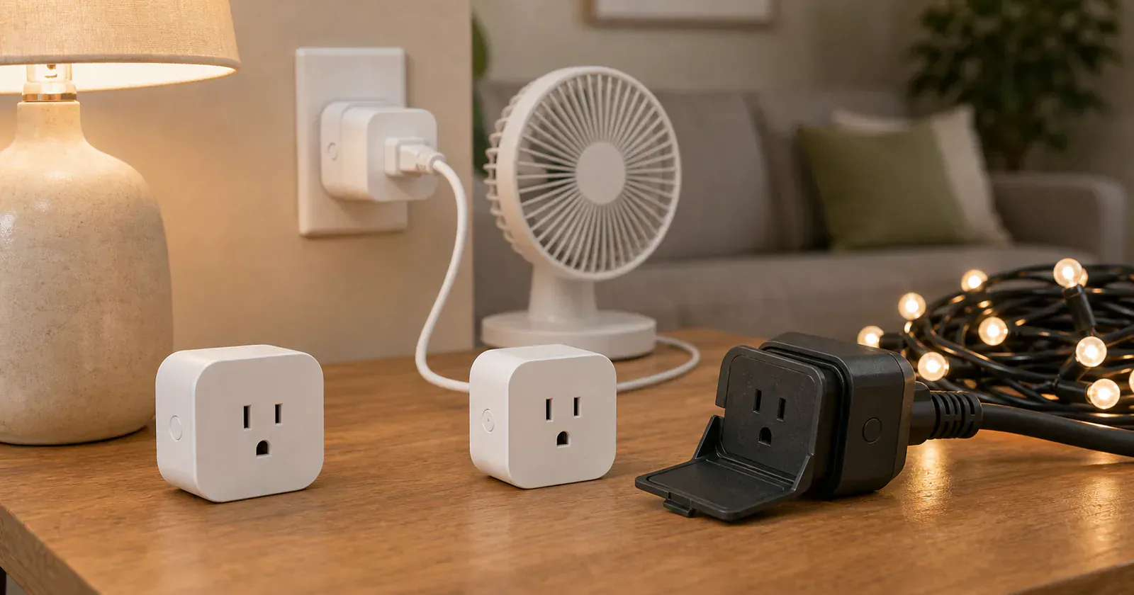 Several unbranded smart plugs near a lamp and outdoor string lights
