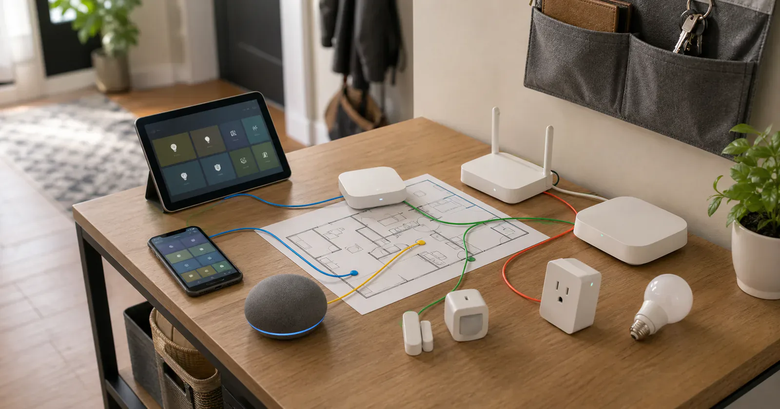 Unbranded smart home controllers and devices arranged around one home floor plan