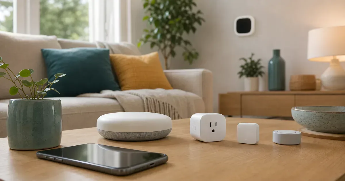 Unbranded smart home devices on a living-room table representing a practical Matter setup