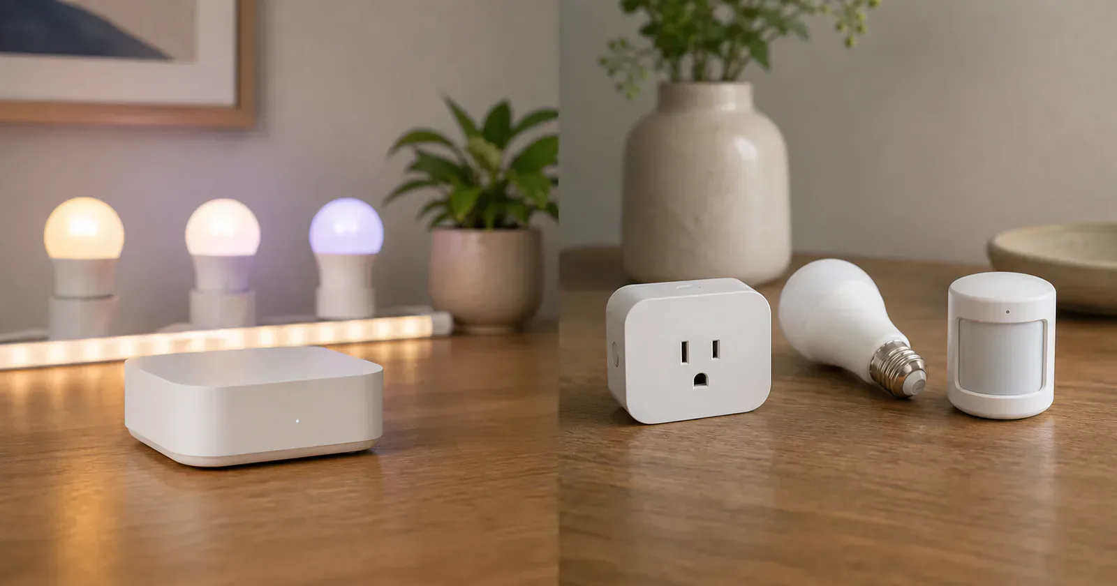 A hub on one side and individual smart devices on the other showing a bridge versus native Matter choice