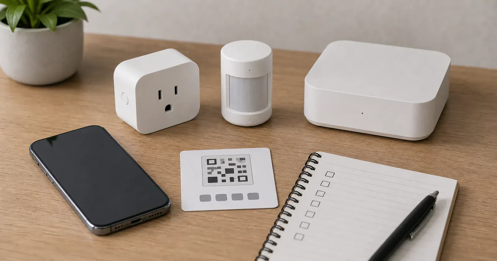 A phone, setup code card, smart plug, and small sensor arranged for a Matter setup checklist