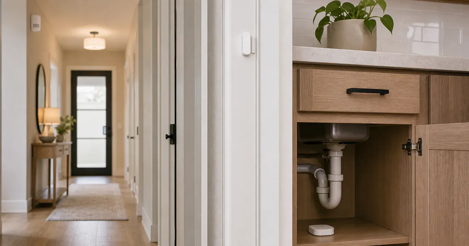 Unbranded motion sensor, contact sensor, and leak sensor placed around a hallway and sink area