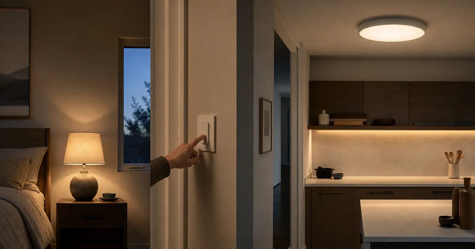 Bedroom lamp, wall dimmer, ceiling light, and under-cabinet lighting shown in adjacent rooms