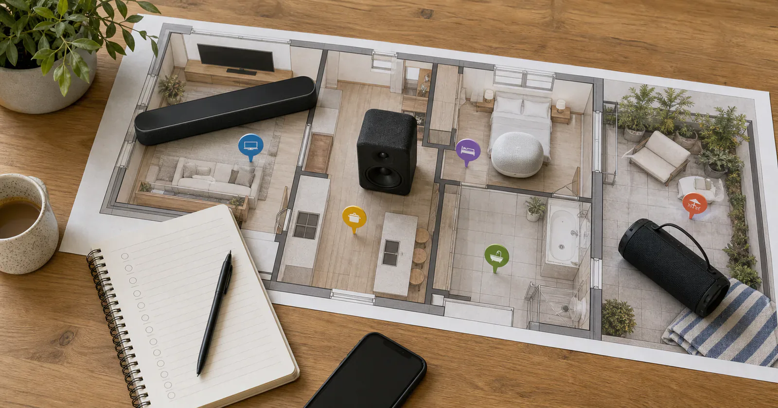 Speaker options arranged over a home floor plan with TV, bedroom, kitchen, bathroom, and patio areas