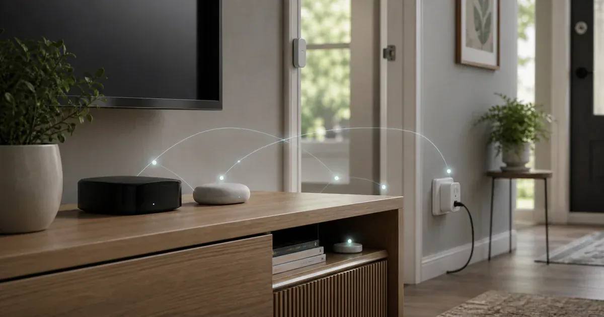 Unbranded media-streaming devices connected to Thread accessories around a home entryway