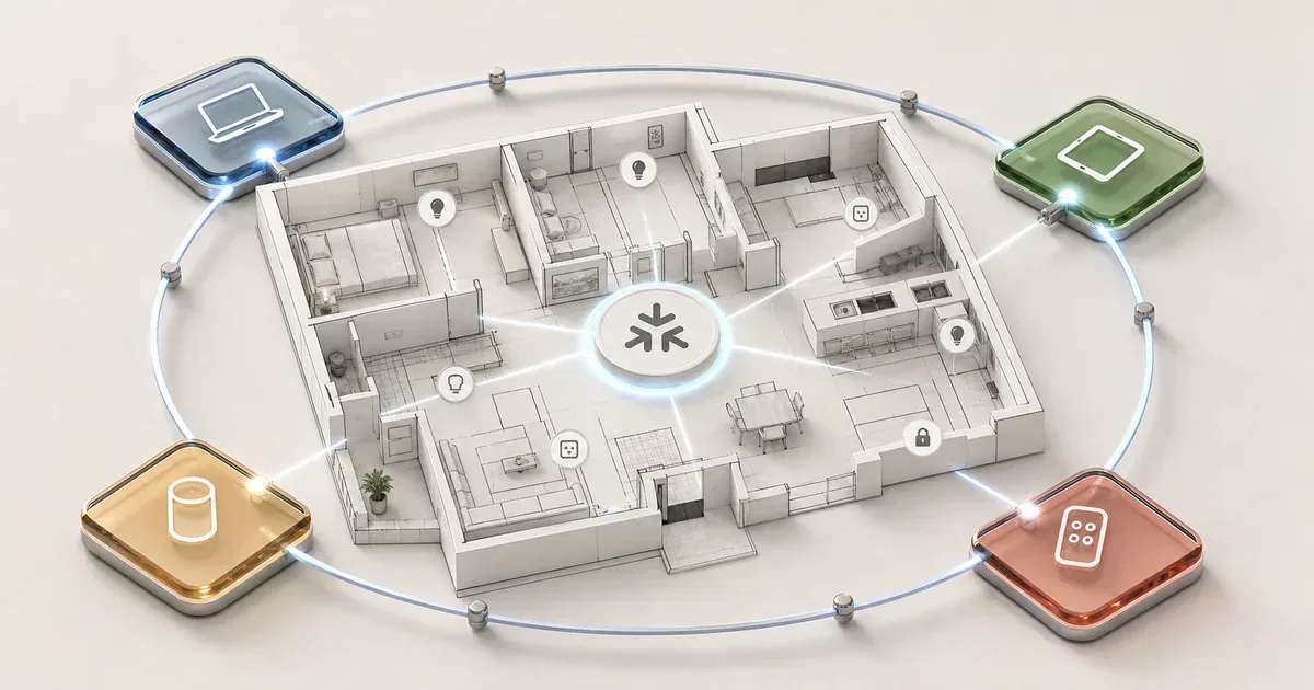 Abstract floor plan showing several controller nodes sharing one Matter home fabric
