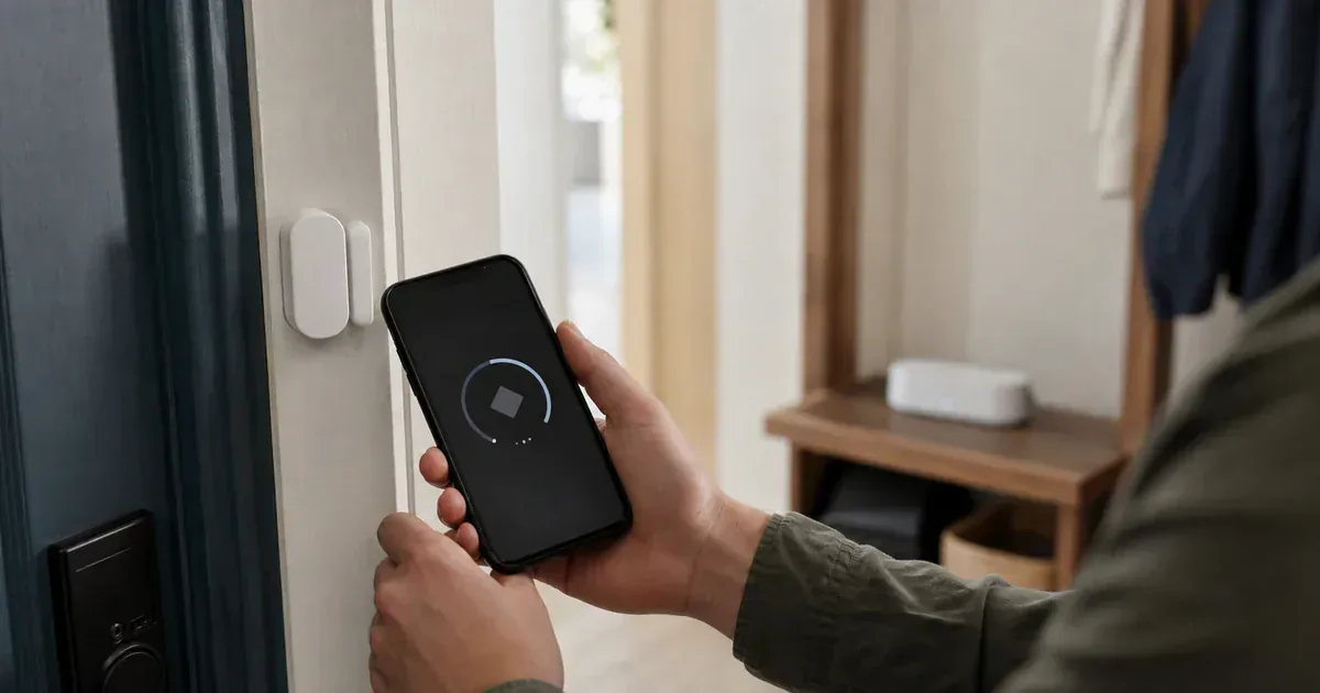 A phone held near a door sensor during an abstract Thread setup step