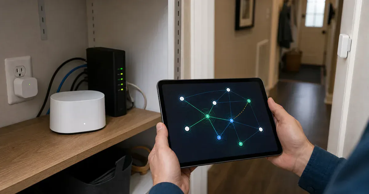 A tablet showing an abstract Thread mesh diagnostic view beside home network hardware