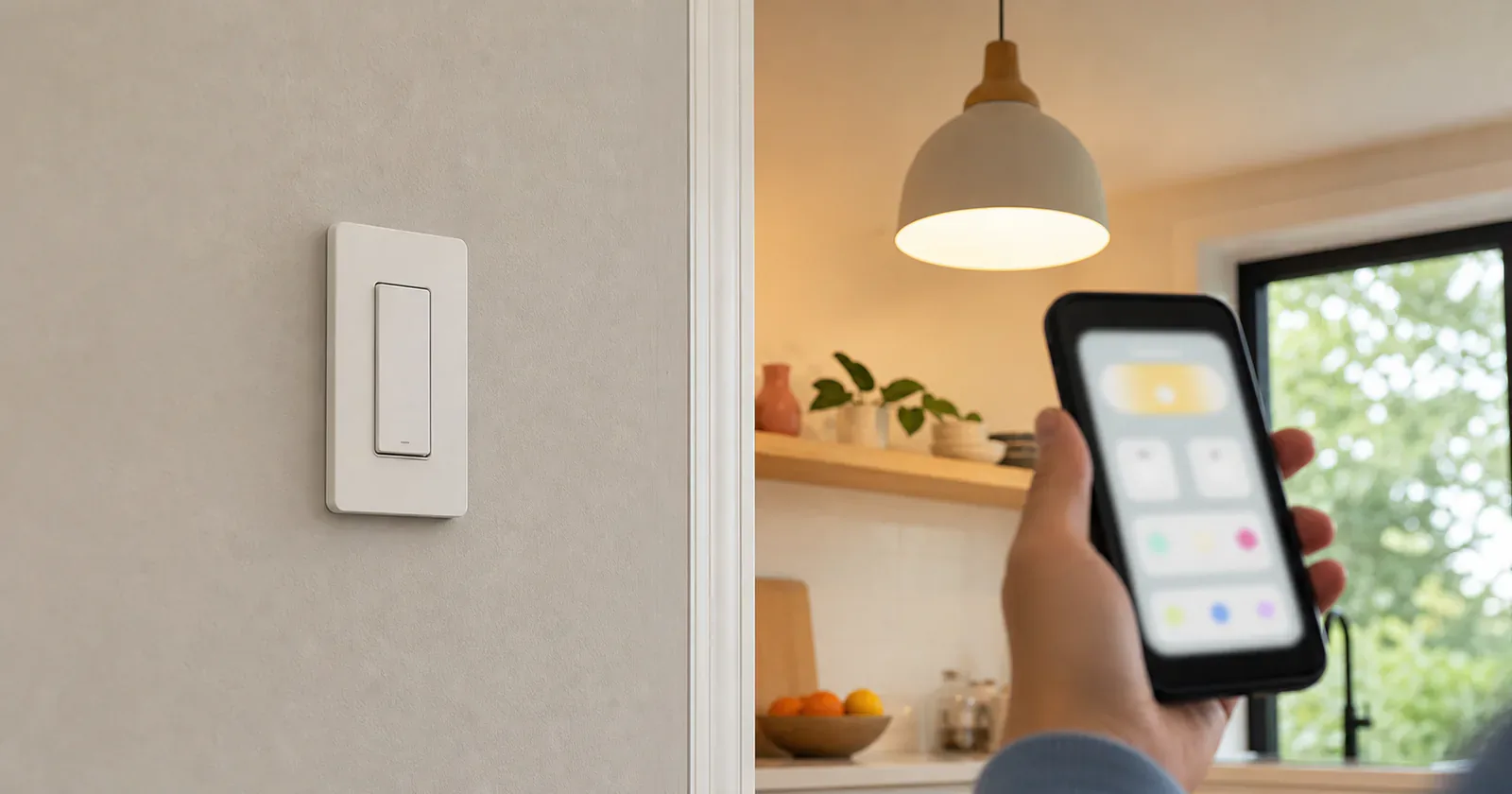 A generic installed smart wall switch with a phone nearby showing blurred home controls