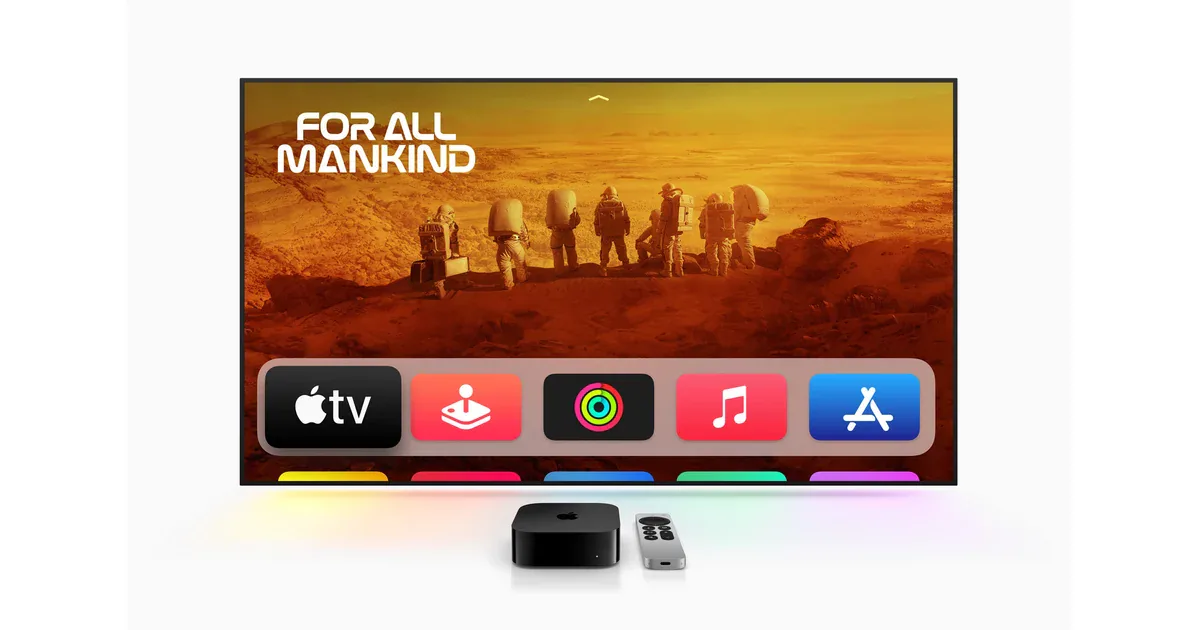 Apple TV 4K and Siri Remote in front of the tvOS home screen
