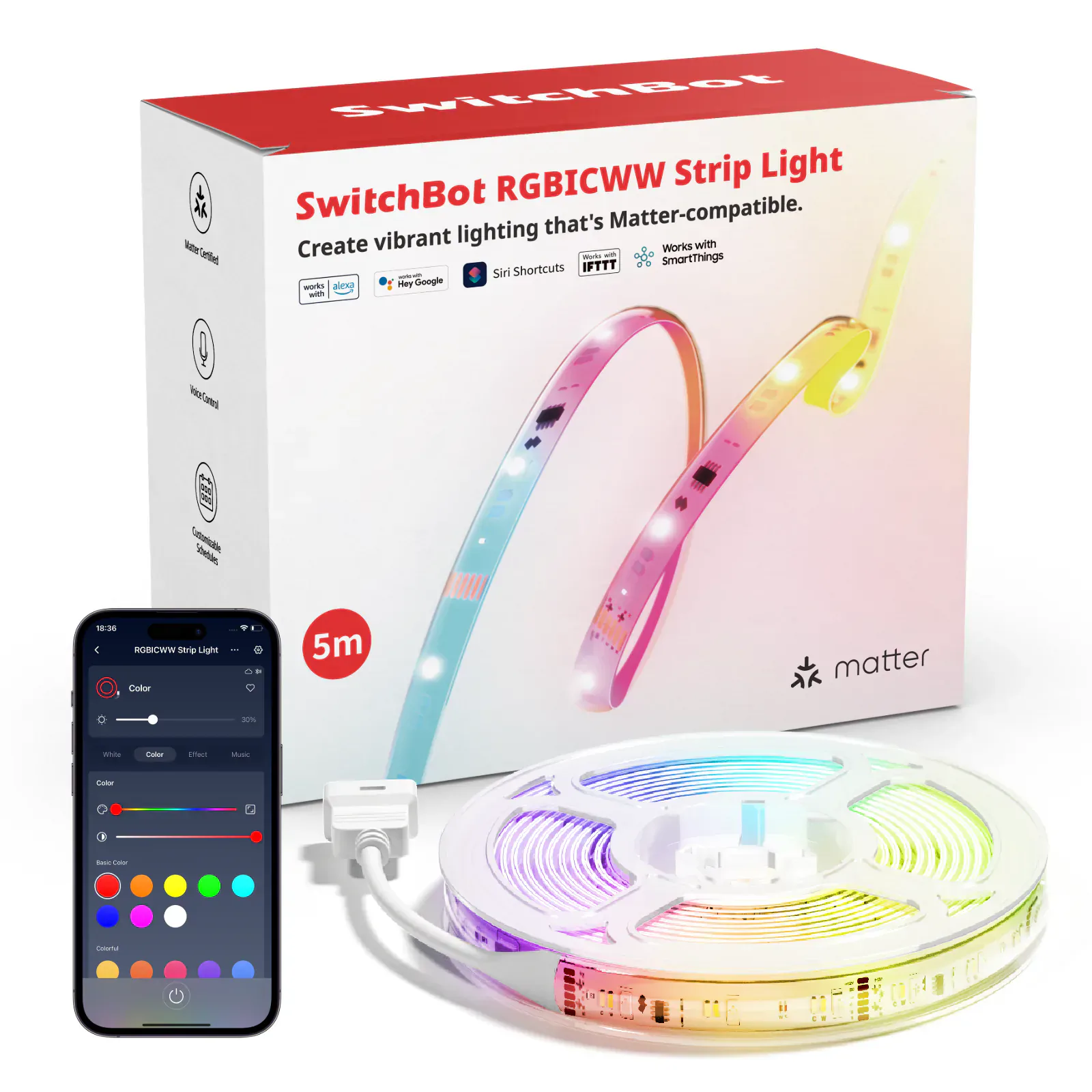 SwitchBot RGBICWW strip light product image on a light background