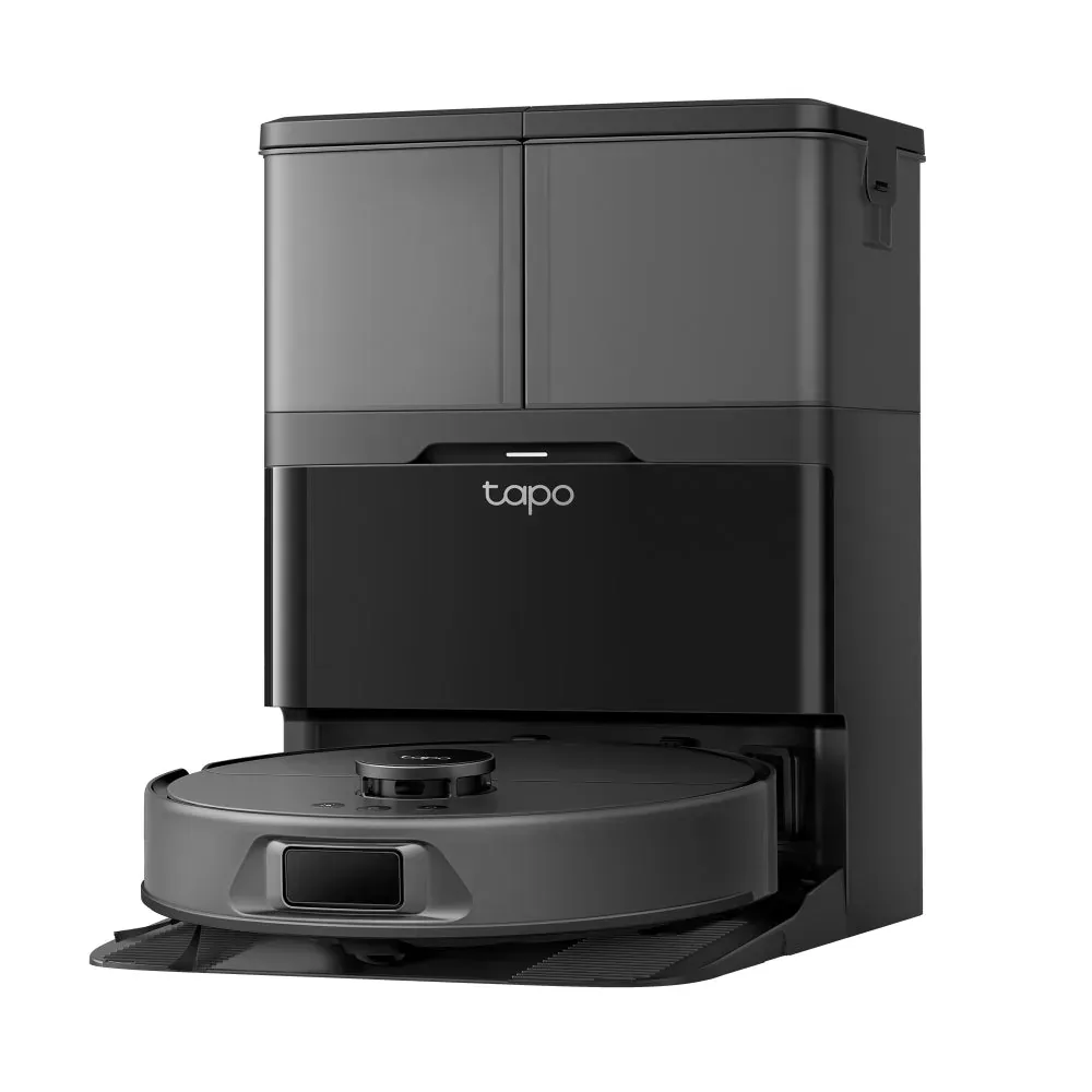 Tapo RV50 Omni robot vacuum beside its all-in-one dock