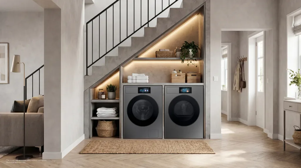 Samsung Bespoke AI washer and dryer with dark round doors and control screens