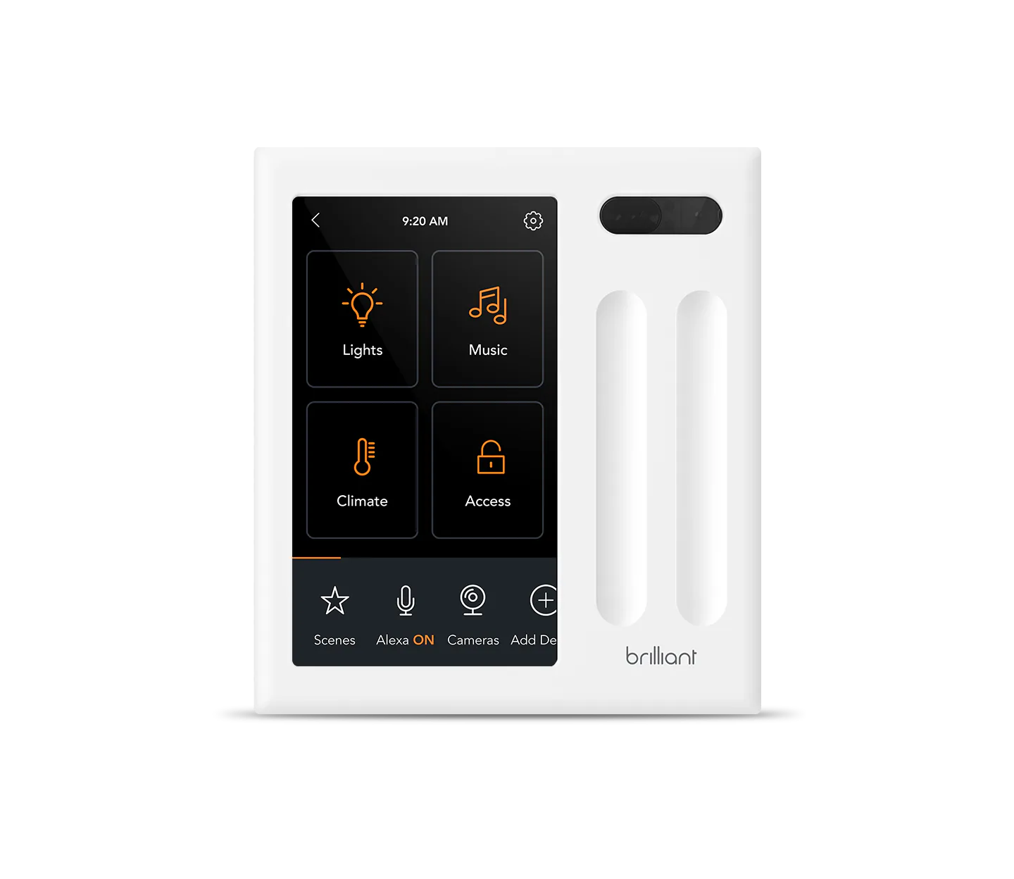 White Brilliant two-switch in-wall control panel showing smart home controls