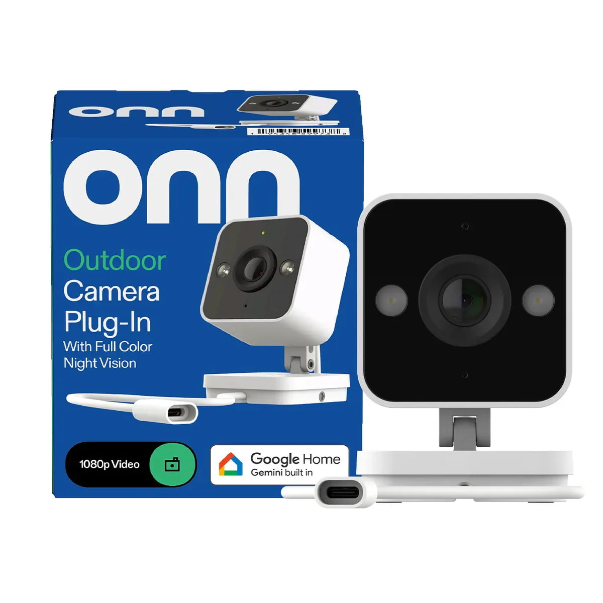 White onn Outdoor Camera Plug-In beside its blue retail box