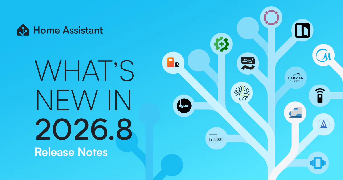 Home Assistant 2026.8 release graphic with integration logos branching from a tree