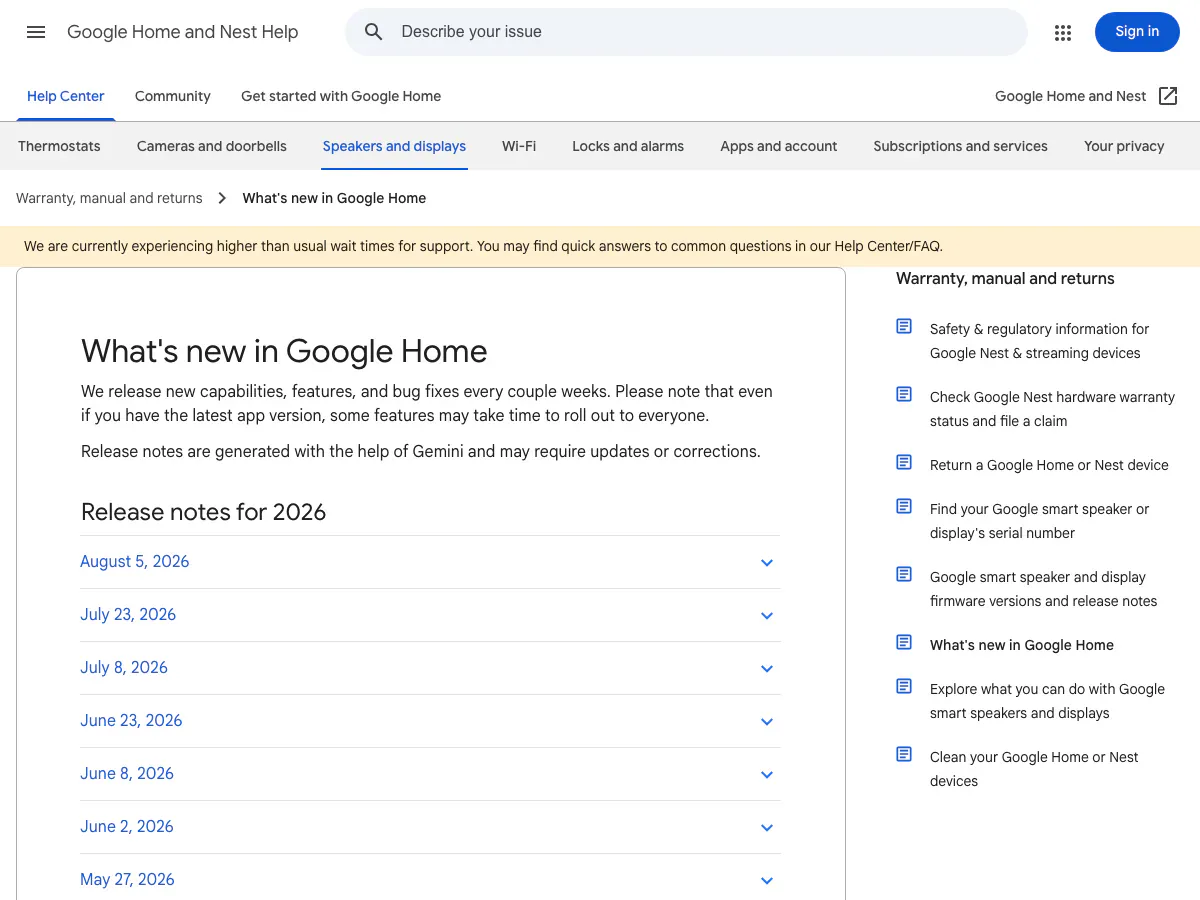 Google Home Help page showing the August 5, 2026 release notes