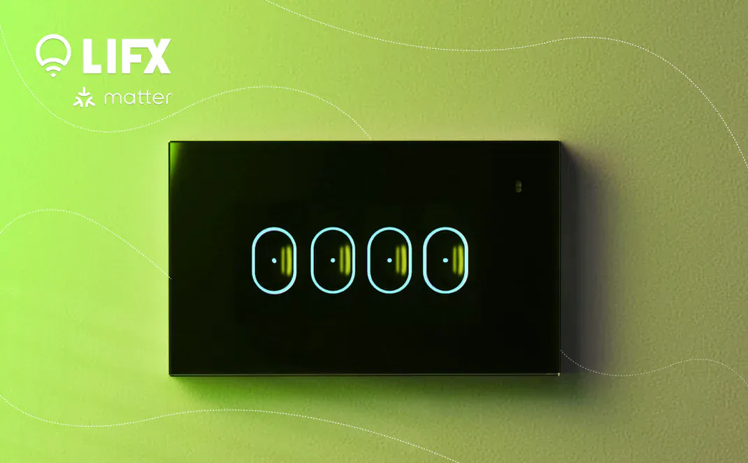 Black four-button LIFX Smart Switch under LIFX and Matter logos