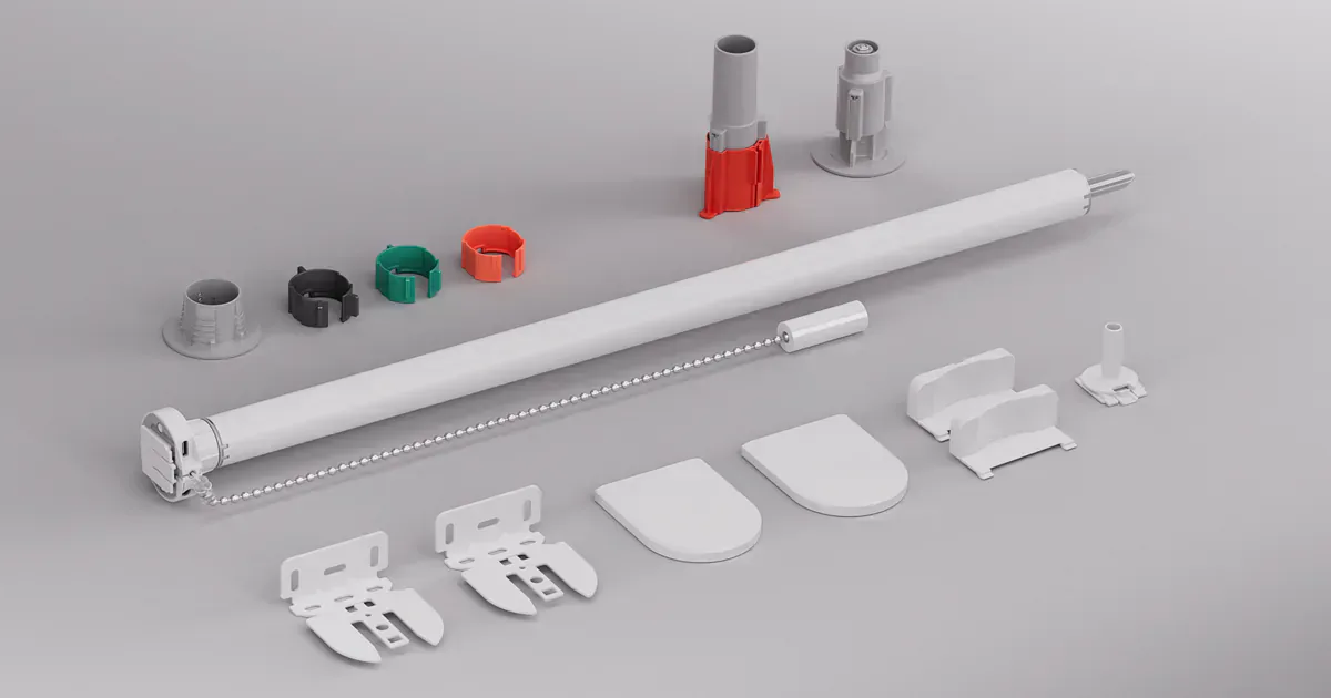 Eve MotionBlinds motor, mounting hardware, charging cable, and remote control