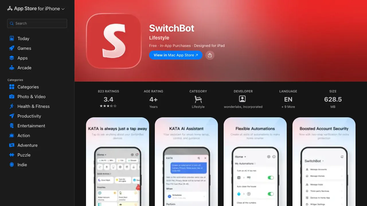 SwitchBot's App Store listing with KATA AI Assistant preview screens